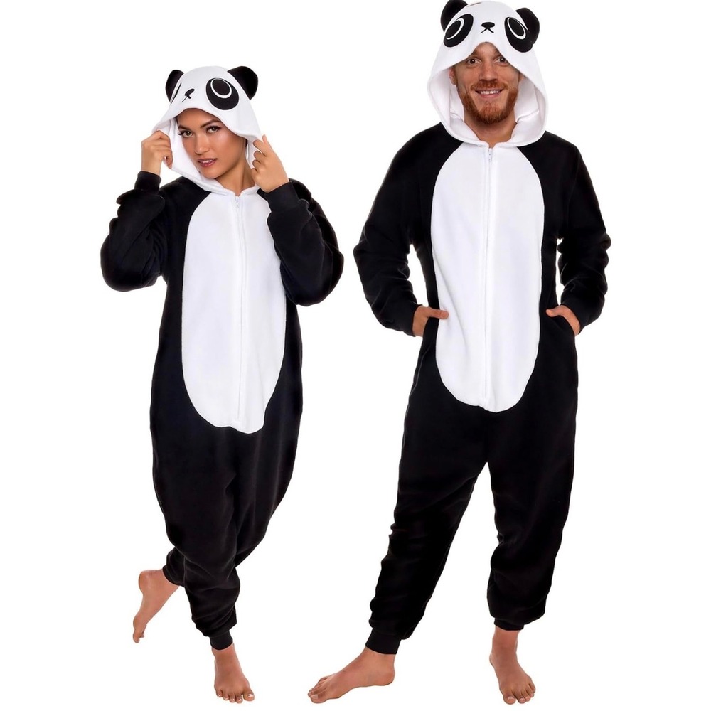 Funliez Silver Lilly Panda Fleece Adult Pajamas Costume One Piece XL Black White